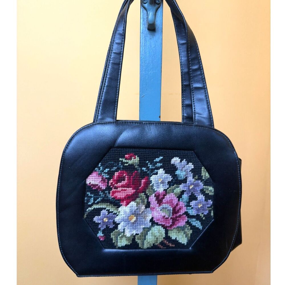 Vintage 1960s Laura USA Black Floral Needlepoint Handbag Shoulder Bag Retro MCM